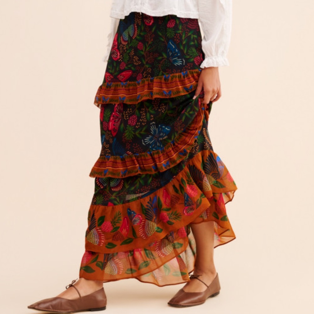 New Anthropologie x Farm Rio Tiered Gardenfly Maxi Skirt Sz XS Black